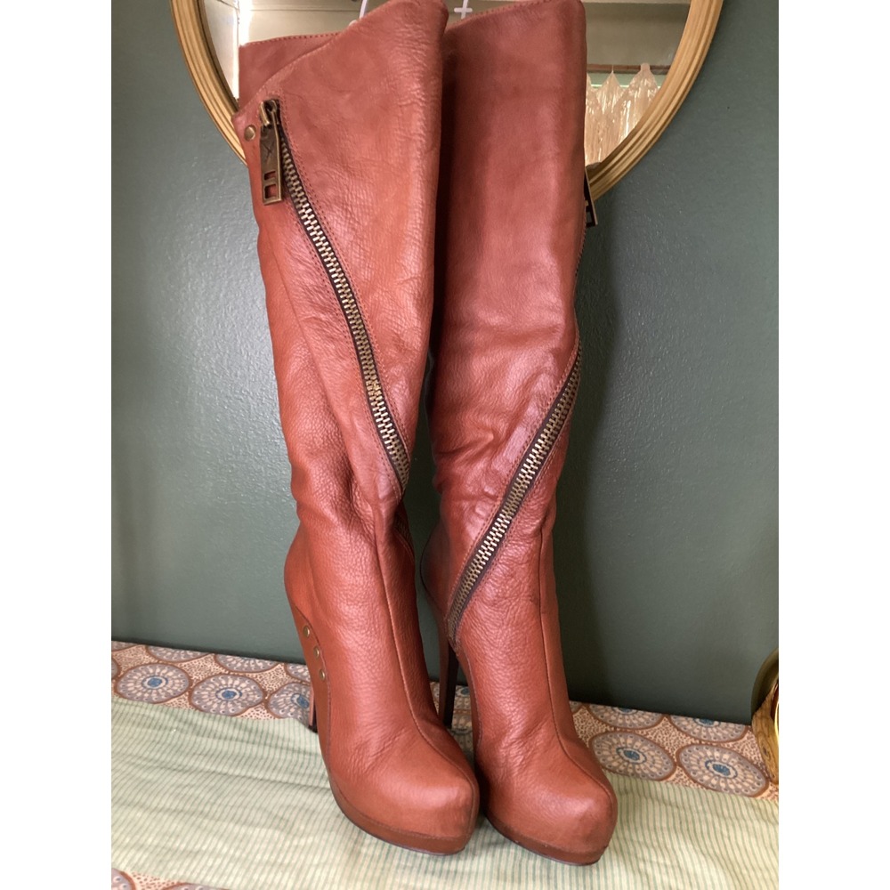 Donald J Pliner DM SX Tammy Brown Leather Platform Tall Stiletto Boots Size 6M - Picture 3 of 8
